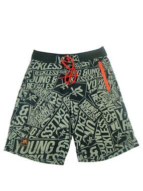 Young & Reckless Mens Board Shorts Size 32 100% Poly Black, Gray, Red